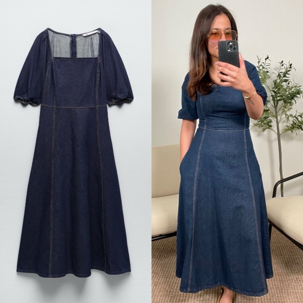 NWT Zara Denim Puff Sleeve Maxi Dress